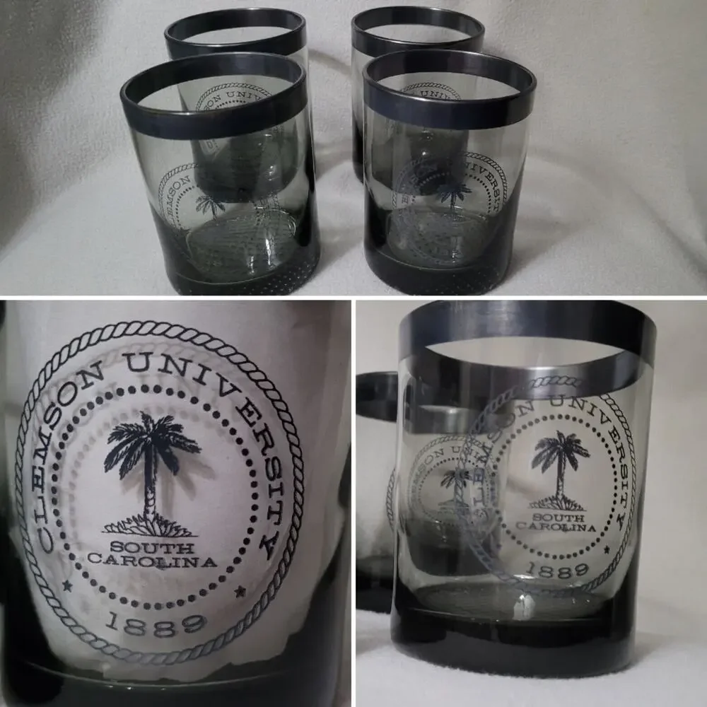 Lot 4 Clemson Tigers Clear Glass Liquor Cups Glasses Silver Rim Gray Smokey
